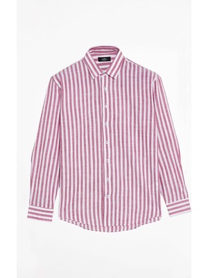 Tudors Erkek Regular Fit Rahat Kesim %100 Pamuk Çizgili Keten Efektli Bordo Gömlek