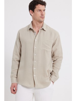 Tudors Erkek Relax Fit Rahat Kesim Oversize Müslin Viskon Pamuklu Tek Cepli Düz bej Gömlek