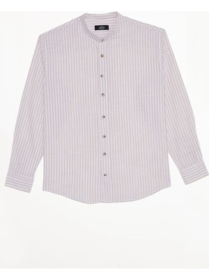 Tudors Erkek Relax Fit Rahat Kesim %100 Pamuk Çizgili Uzun Kollu Keten Efektli Hakim Yaka Bej Gömlek