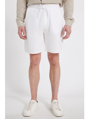 Tudors Erkek Regular Fit Rahat Kesim Müslin %100 Pamuk Beli Lastikli Cepli Bağcıklı Beyaz Şort