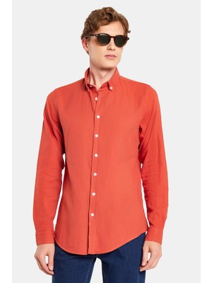Tudors Erkek Slim Fit Kiremit Renk Düğmeli Yaka Günlük Gömlek %100 Pamuk Dar Kesim