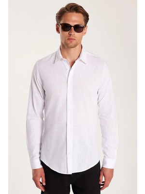 Tudors Erkek Slim Fit Beyaz Gömlek Uzun Kollu Günlük Stil %100 Pamuk Keten Doku