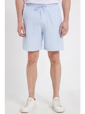 Tudors Erkek Regular Fit Rahat Kesim Müslin %100 Pamuk Beli Lastikli Cepli Bağcıklı Mavi Şort