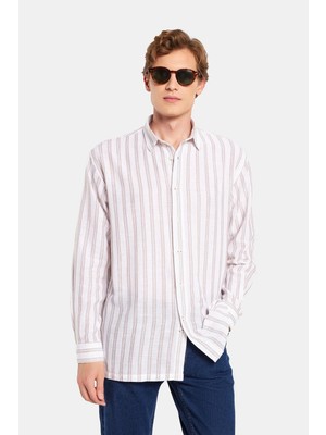 Tudors Relax Fit Oversize Dökümlü Rahat Kesim Çizgili Keten Spor Erkek Gömlek