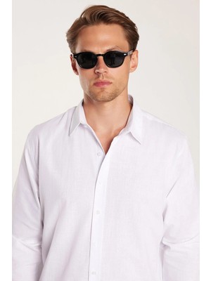Tudors Erkek Slim Fit Dar Kesim Uzun Kollu %100 Pamuk Keten Doku Düz Biyeli Beyaz Gömlek