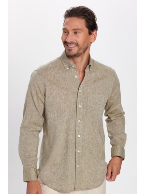 Tudors Erkek Regular Fit Klasik Kesim Oversize Pamuklu Keten Doku Düğmeli Yaka yeşil Gömlek