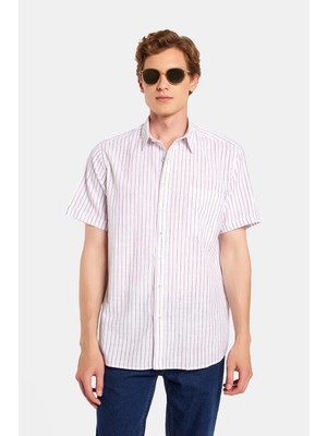 Tudors Erkek Regular Fit Klasik Kesim Oversize %100 Pamuk kısa Kollu Keten Doku Tek Cep Çizgili gömlek