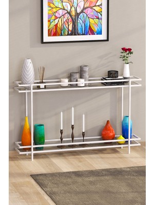 Feyza Design Beyaz Renk 2 Katlı Şeffaf Temper Camlı Çerçeveli Konsol Dresuar