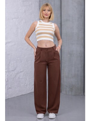 Freemen Kadın Yüksek Bel Cepli Pileli Fermuarlı Bol Paça Pantolon