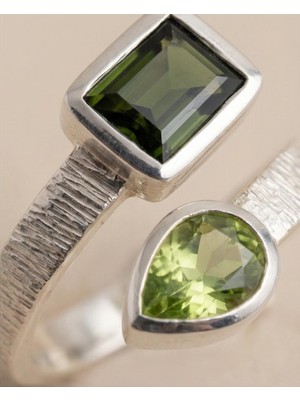 Mervan Takı El Yapımı 925 Ayar Gümüş Peridot ve Yeşil Turmalin Taşlı Tasarım Yüzük