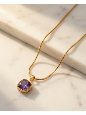 Mervan Takı Altın Renk Çelik Mor Taşlı Kadın Kolye