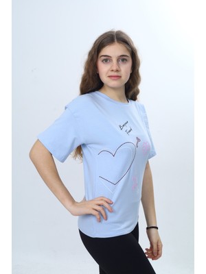 Toontoy Kız Çocuk Bisiklet Yaka Düşük Omuz Kısa Kollu Kalp Nakışlı Baskılı Tişört  24969
