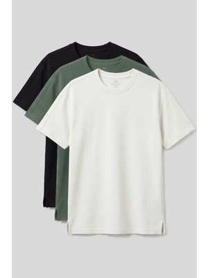 Rahat Form O Yaka 3lü Paket Siyah-Ekru-Açık Yeşil Erkek T-Shirt - 88495