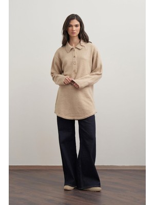 Allday W94039A0 Kadın Gold Dügmeli Yarım Patlı Triko Kazak