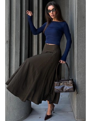 Madmext Siyah/haki Kare Desenli Midi Kadın Etek MG2617