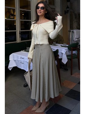Madmext Bej/haki Kare Desenli Midi Kadın Etek MG2617