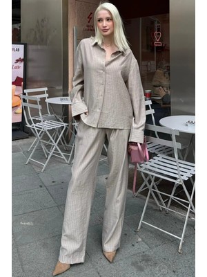 Madmext Taş Rengi Çizgili Kadın Tensel Gömlek Takım MG2695