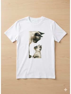Alza Design Sevimli Kedi Tasarımlı Beyaz Tişört - Hayvanseverlere Özel Pamuklu Unisex