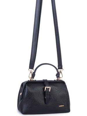 Nas Bag Hakiki Deri Görünümlü Vintage Doktor Çantası Küçük Boy El ve Omuz Çantası Siyah Victoria