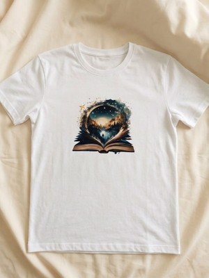 Alza Design Kitap Kurdu Temalı Illüstrasyon Baskılı Beyaz Tişört - Sanatsal Unisex Pamuklu