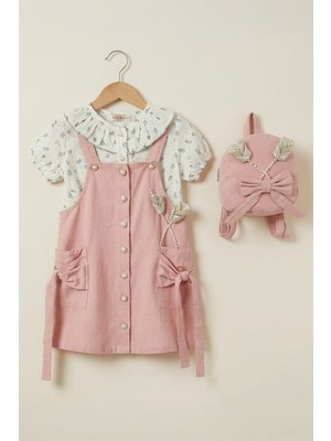 Miniğimin Cicileri Vintage Gül Detaylı Salopet Elbiseli Çantalı Kız Çocuk 3’lü Takım - Pudra
