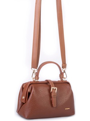 Nas Bag Hakiki Deri Görünümlü Vintage Doktor Çantası Küçük Boy El ve Omuz Çantası Taba Victoria