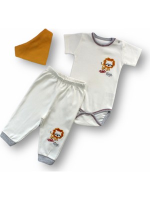 Diji Baby 3-6 6-9 9-12 Ay Yavru Aslan Nakışlı Bandajlı Kısa Kollu Zıbınlı 3lü Erkek Bebek Takımı