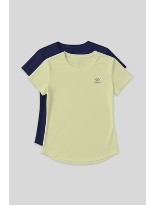 Tommy Life Standart Kalıp O Yaka 2li Paket İndigo-Limon Kadın T-Shirt - 97144