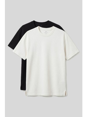 Rahat Form O Yaka 2li Paket Siyah-Ekru Erkek T-Shirt - 88495