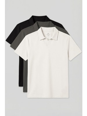 Rahat Form Polo Yaka 3lü Paket Siyah-Haki-Ekru Erkek T-Shirt - 88496