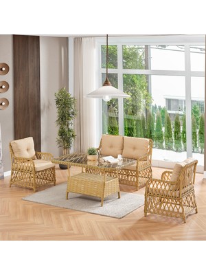 EVDEMO Roma Rattan Bahçe Balkon Takımı 2+1+1 Cam Masalı Cappuccino
