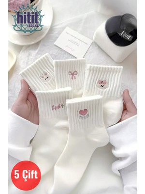 Hitit Socks Kadın 5 Çift Premium Desenli Sevimli Hayvan ve Fiyonklu Kısa Konç Patik Çorap Beyaz