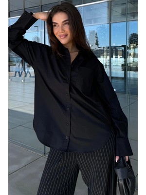 Madmext Siyah Cep Detaylı Basic Kadın Gömlek MG2737