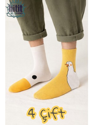 Hitit Socks Unisex 4 Çift Ördek Başı Desenli Çorap Ördek Desenli Uzun Soket Çorap 36-44 Arası