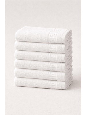 S&R 6 Adet Greek Desen El Yüz Baş Havlusu 50X90 cm Beyaz 230 Gram Hotel Collection