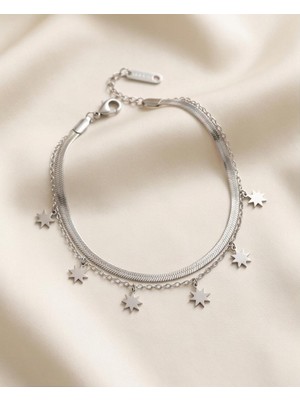 Mervan Takı Yıldız Figürlü Çelik Bileklik-Gümüş Renk