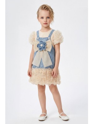 Miniğimin Cicileri Sealy Çiçek Aplikeli Fiyonk Detaylı Tül Etekli Kız Çocuk Elbise - Açık Mavi