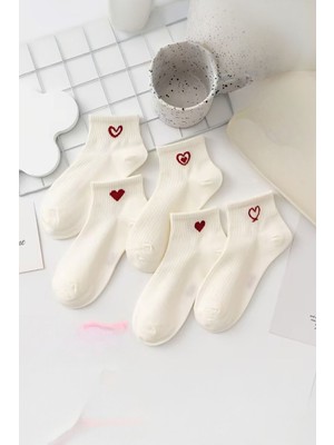 Hitit Socks Kadın 5 Çift Kalp Desenli Kısa Patik Çorap Ekru