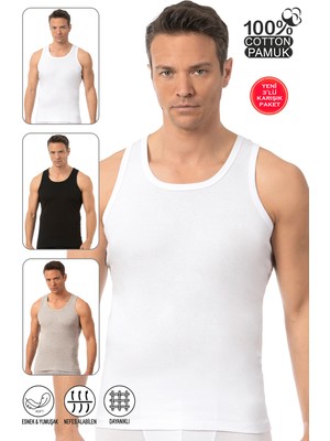 Özkan Underwear Özkan 0113 3'lü Paket Erkek %100 Pamuklu Karışık Renk Esnek Yumuşak Ribana Kalın Askılı Atlet