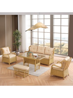 EVDEMO Paris Rattan Puflu Bahçe Balkon Takımı 3+1+1 Cam Masalı Cappuccino
