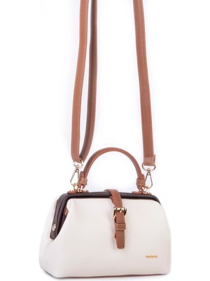 Nas Bag Hakiki Deri Görünümlü Vintage Doktor Çantası Küçük Boy El ve Omuz Çantası Krem Kahve Taba  Victoria