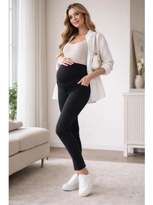 Meghan L.A Siyah Yüksek Bel Hamile Pantolonu Gün Boyu Konfor Sağlayan Pamuklu Likralı Esnek