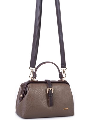 Nas Bag Hakiki Deri Görünümlü Vintage Doktor Çantası Küçük Boy El ve Omuz Çantası Vizon Kahve Victoria