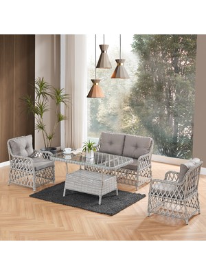 EVDEMO Roma Rattan Bahçe Balkon Takımı 2+1+1 Cam Masalı Gri