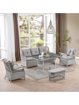 EVDEMO Paris Rattan Puflu Bahçe Balkon Takımı 3+1+1 Cam Masalı Gri