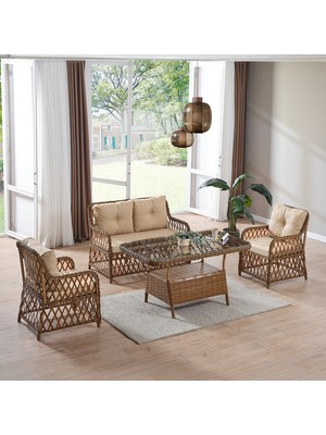 EVDEMO Roma Rattan Bahçe Balkon Takımı 2+1+1 Cam Masalı Kahve