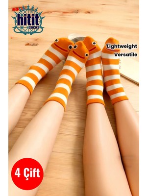 Hitit Socks 4 Çift Sevimli Yılan Balığı Desenli ve Çizgili Uzun Soket Çorap Çok Renkli