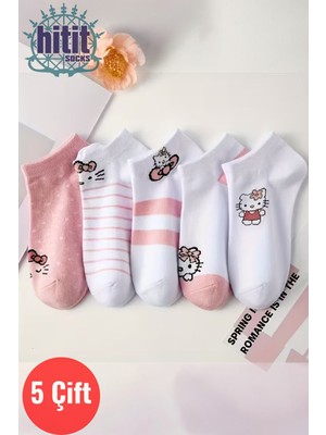 Hitit Socks Kadın 5 Çift Günlük Kullanıma Uygun Sevimli Kedi Desenli Kısa Patik Çorap Pembe