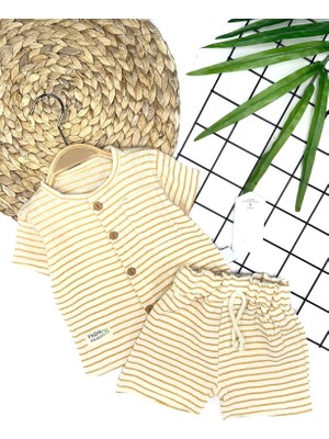 Diji Baby 9-12-18-24 Ay Düğme Detaylı Çizgili Müslin Kumaş Yazlık 2li Erkek Bebek Takımı