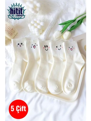 Hitit Socks Kadın 5 Çift Premium Desenli Emojili ve Gülen Suratlı Uzun Konç Soket Çorap